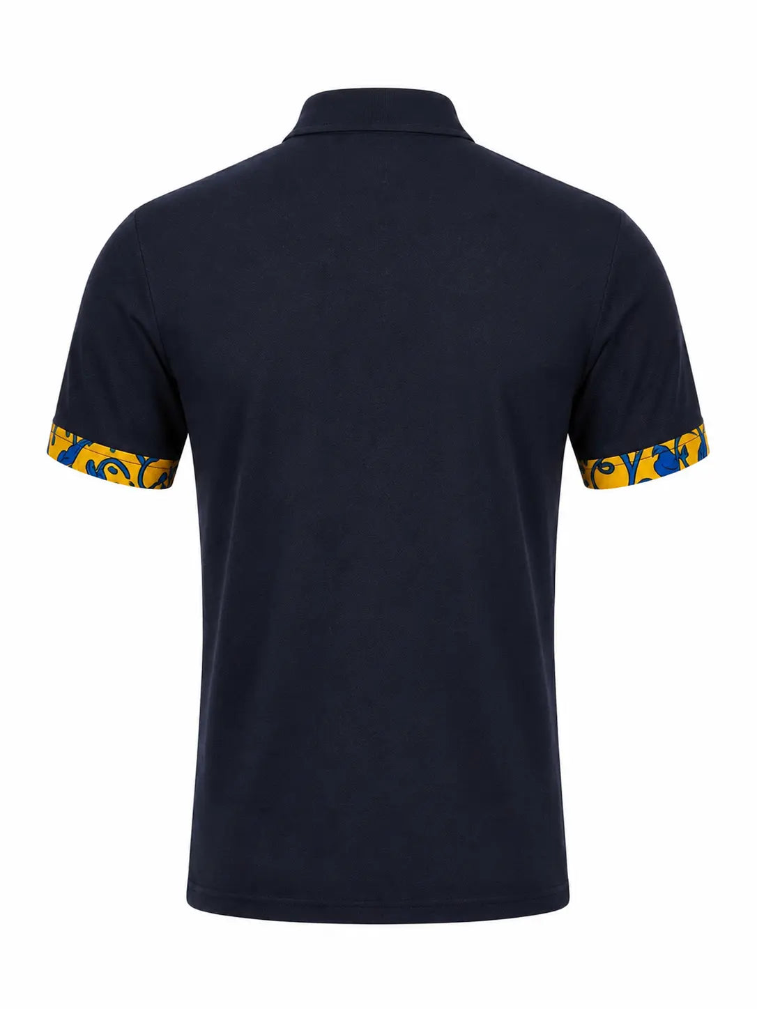 Polo JALI bleu avec détails wax jaune – vue de dos