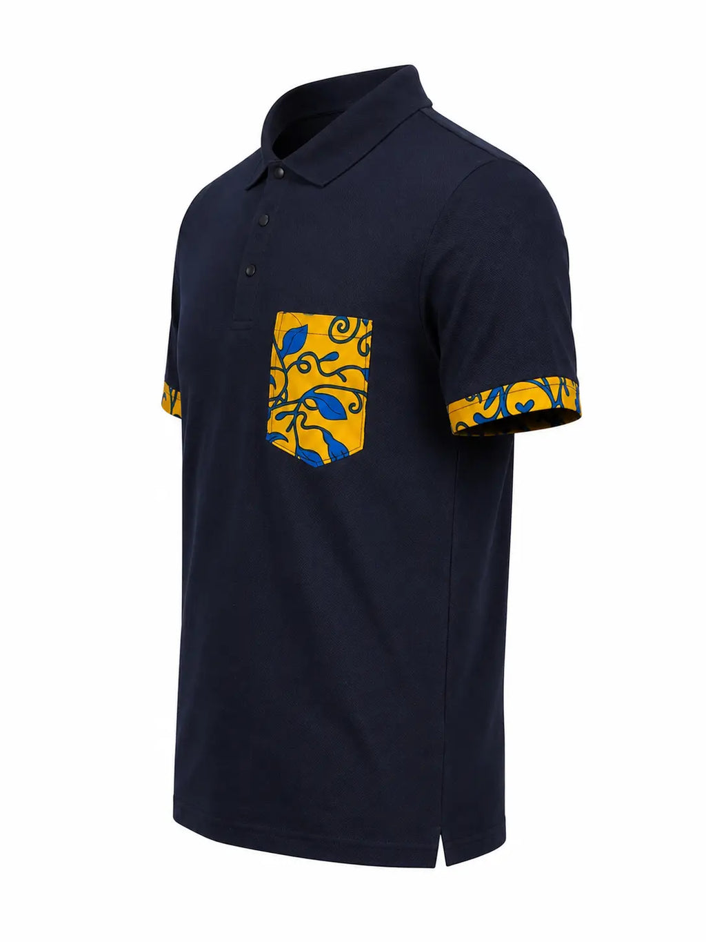 Polo JALI bleu avec détails wax jaune – détail manchette