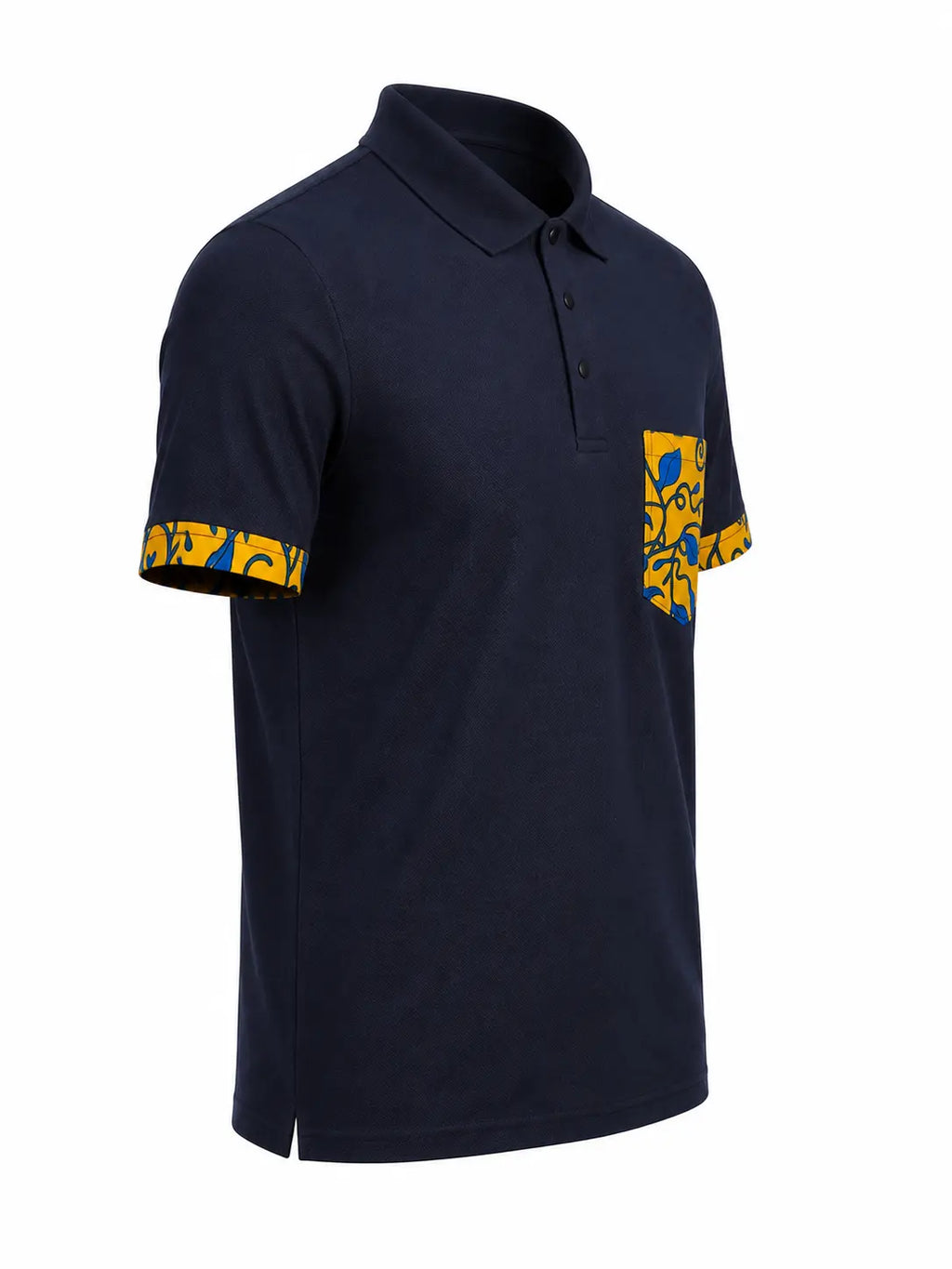 Polo JALI bleu avec détails wax jaune – vue de côté
