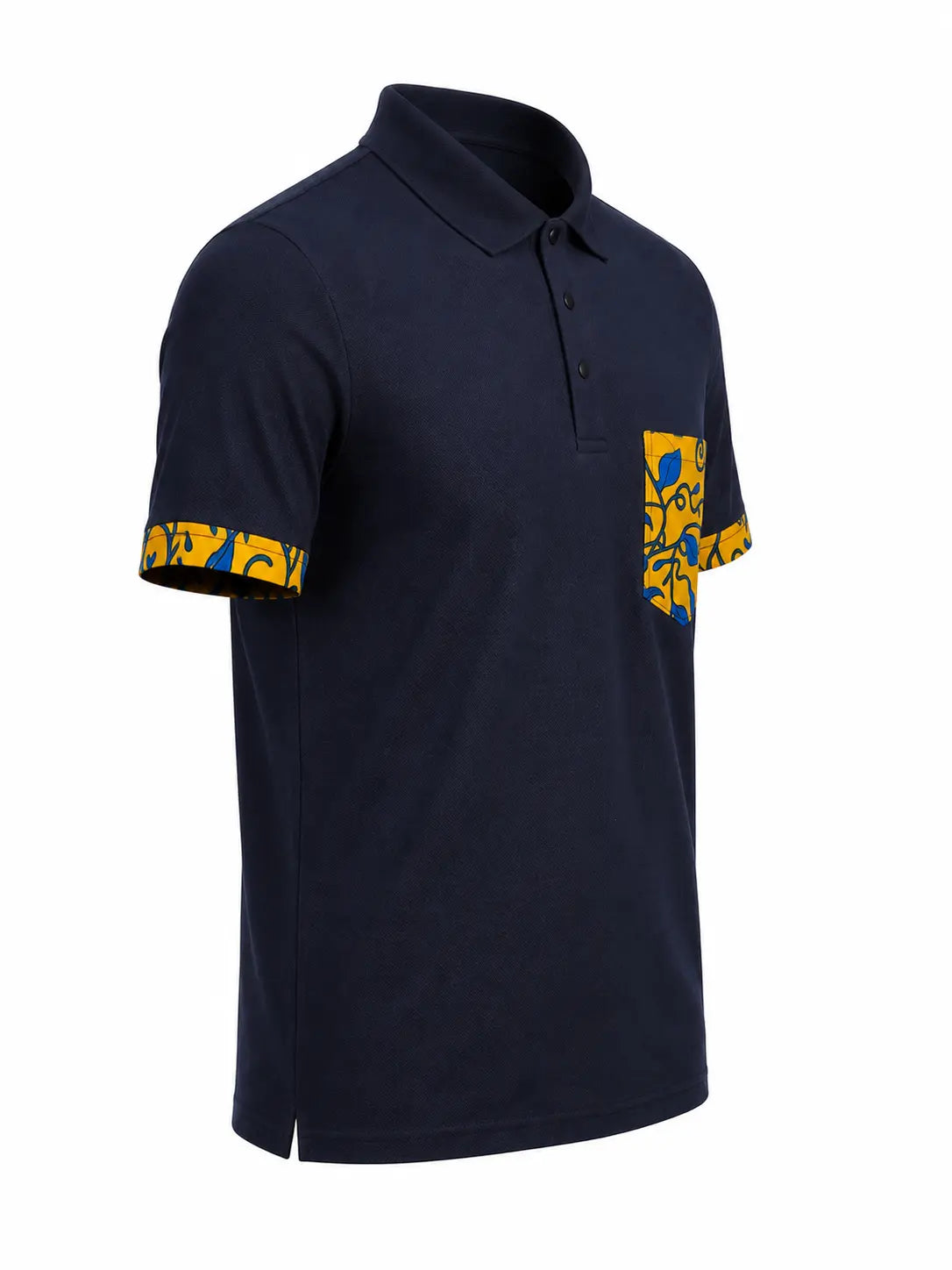 Polo JALI bleu avec détails wax jaune – vue de côté