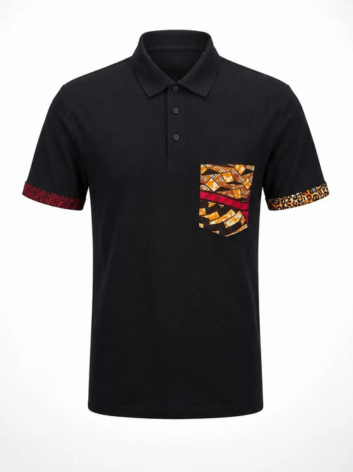 Polo SANKA noir avec détails wax africain – vue de face