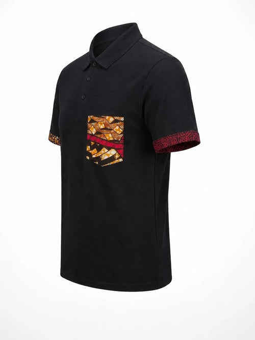 Polo SANKA noir avec détails wax africain – vue de côté