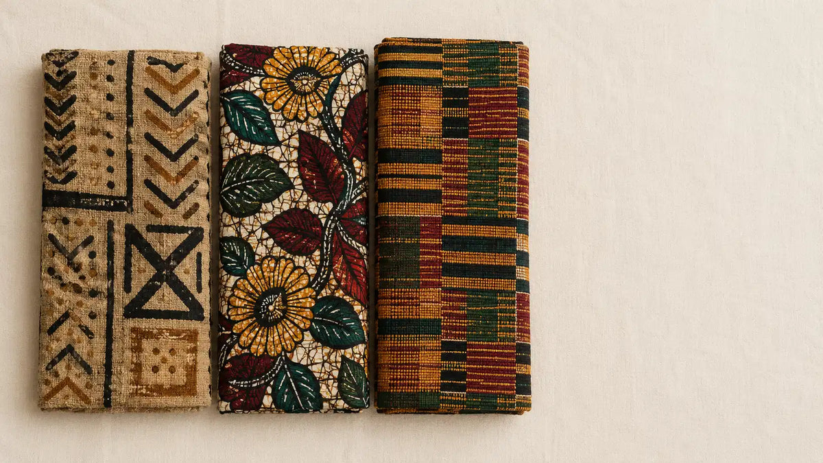Trois tissus africains côte à côte : bogolan, wax et kente — Talek
